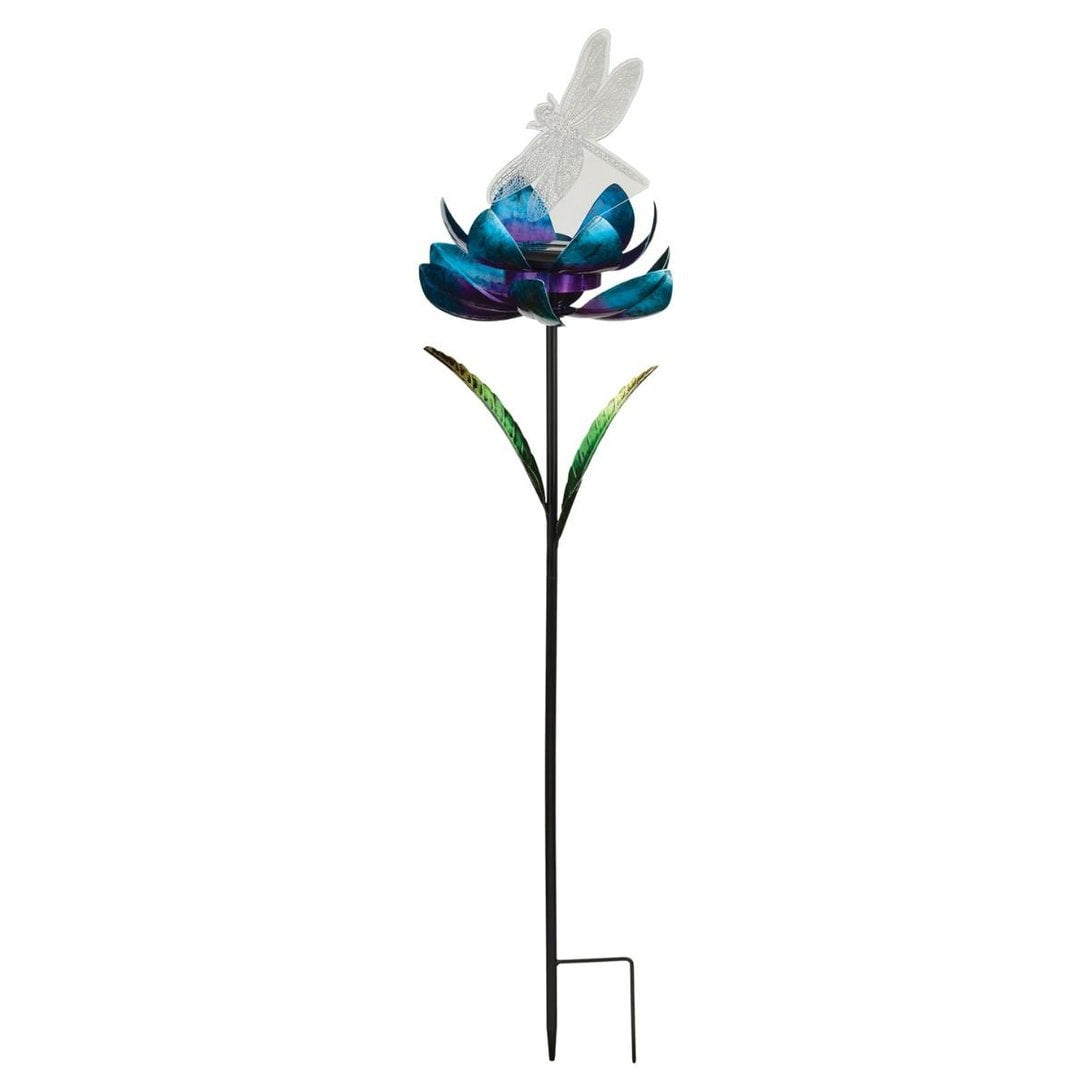 Solar Stake - Blue Spinning Lotus with Dragonfly