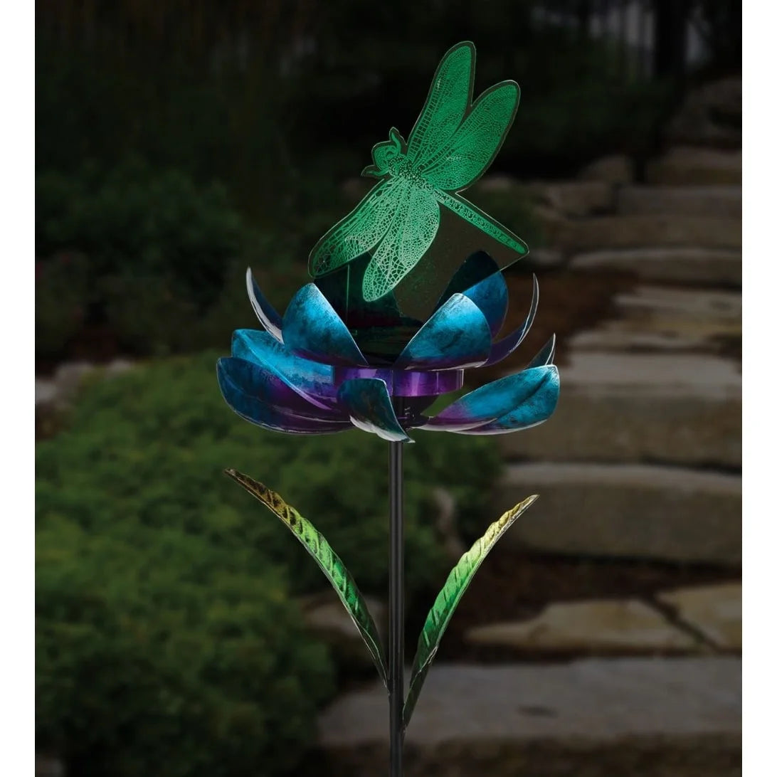 Solar Stake - Blue Spinning Lotus with Dragonfly