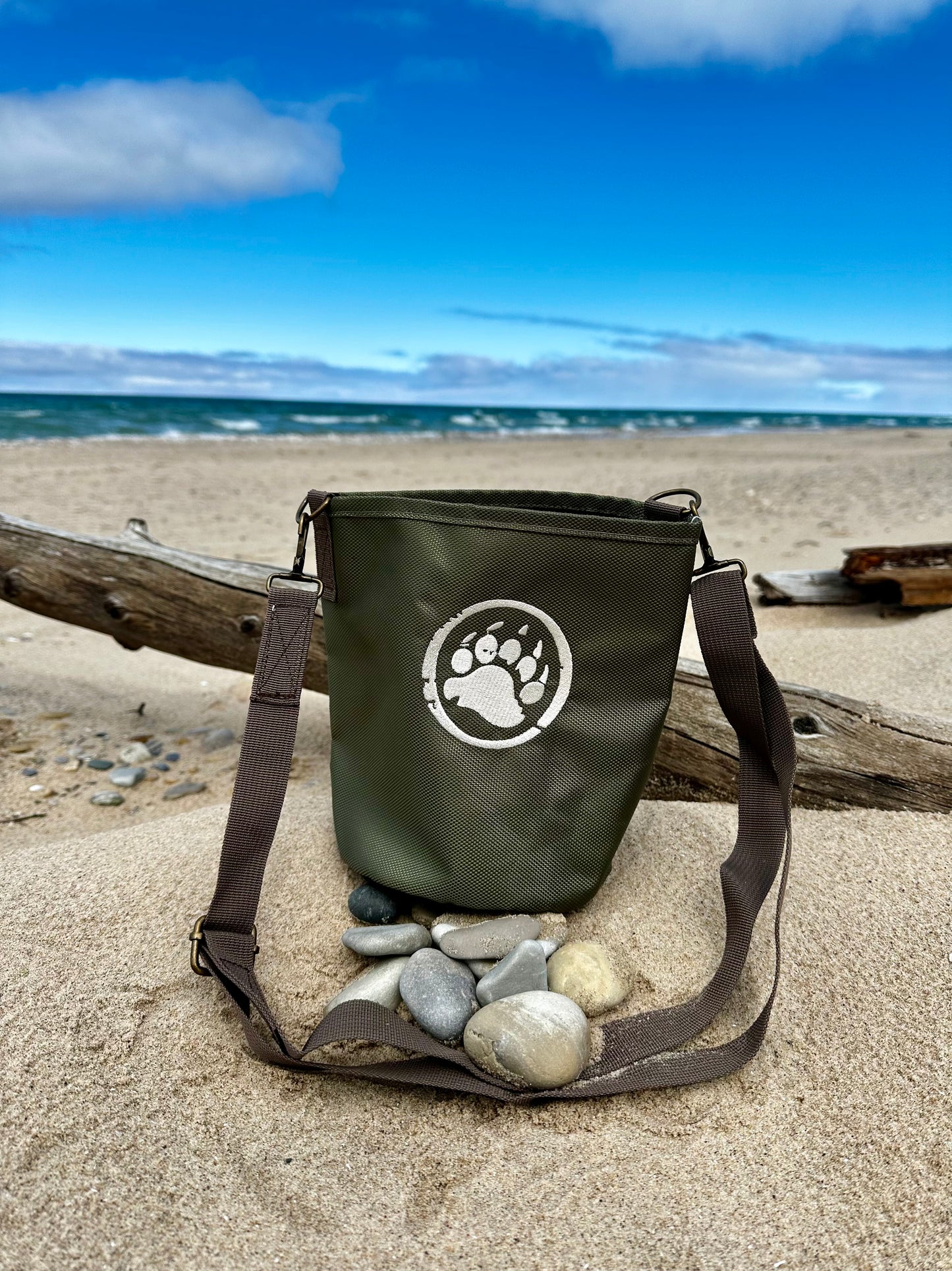 Green bag with a paw print on a sandy beach with ocean and sky in the background