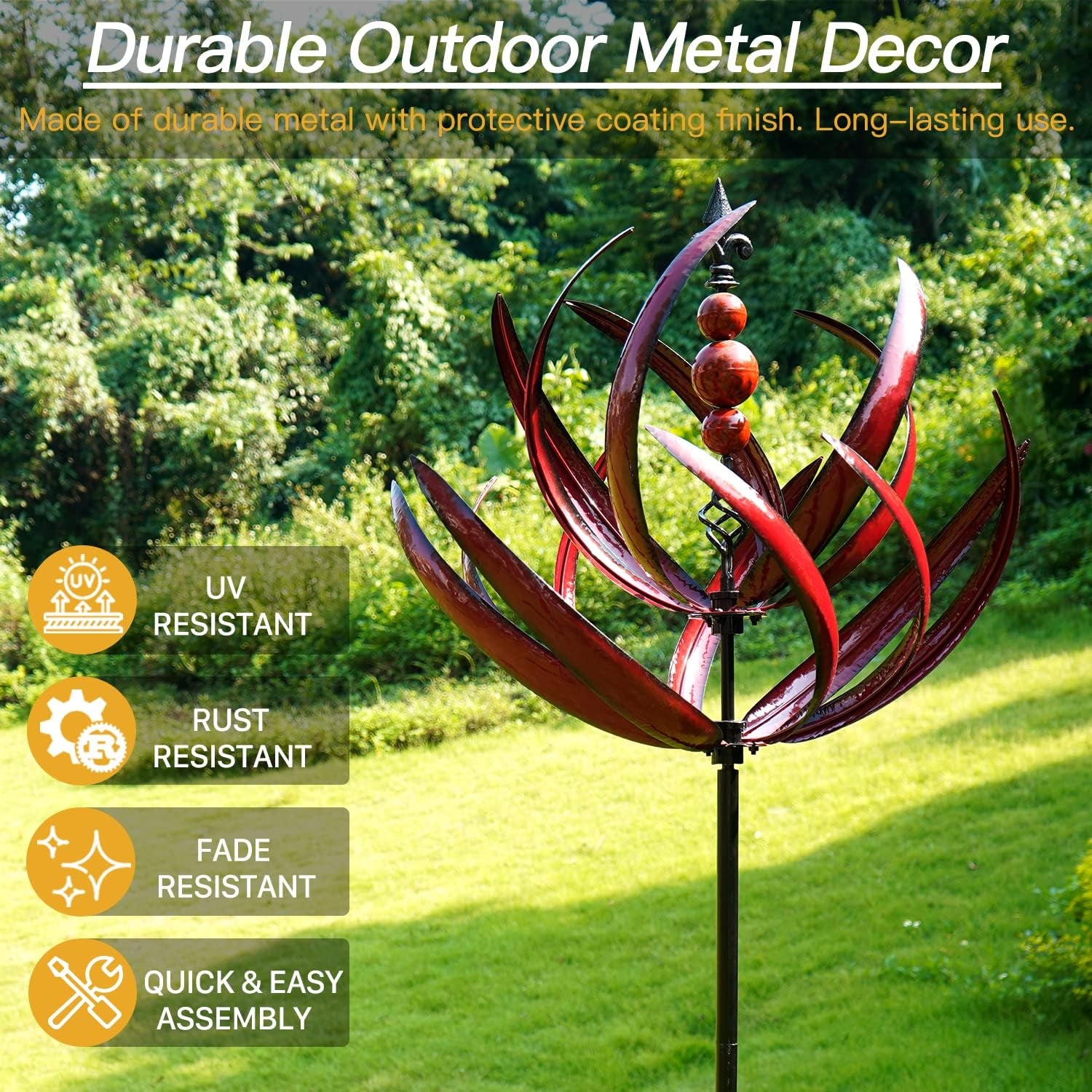 Yard Garden Wind Spinners - Large Outdoor Metal Wind Spinners Sculptures, Lawn Yard Art Garden Decor (Burgundy Lotus)