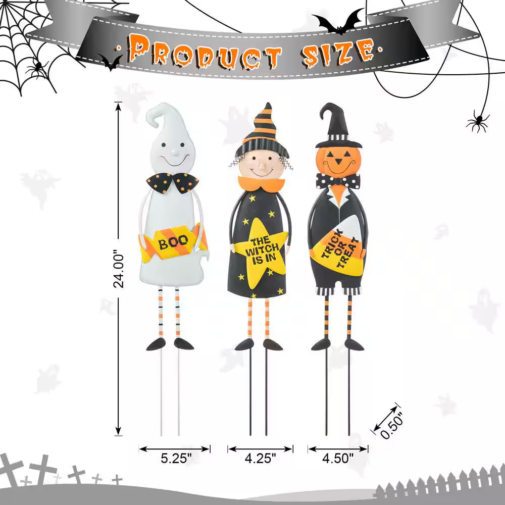 24 In. H Halloween Metal Ghost, Witch and Pumpkin Yard Stake or Hanging Decor (Set of 3)