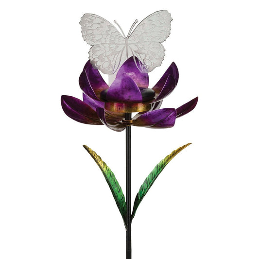 Solar Stake - Purple Spinning Lotus with Butterfly