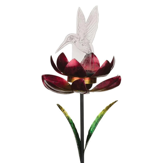 Solar Stake - Red Spinning Lotus with Hummingbird