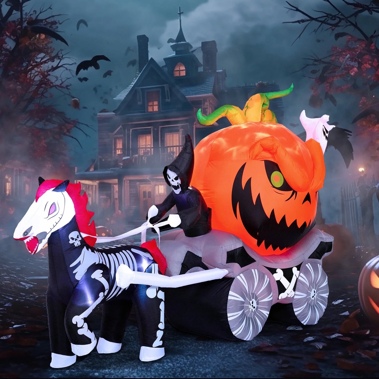 8 FT Halloween Inflatable Long Inflatable Grim Reaper Driving Pumpkin Carriage with Build-In Flaming LED Lights,Blow up Outdoor Yard Decoration