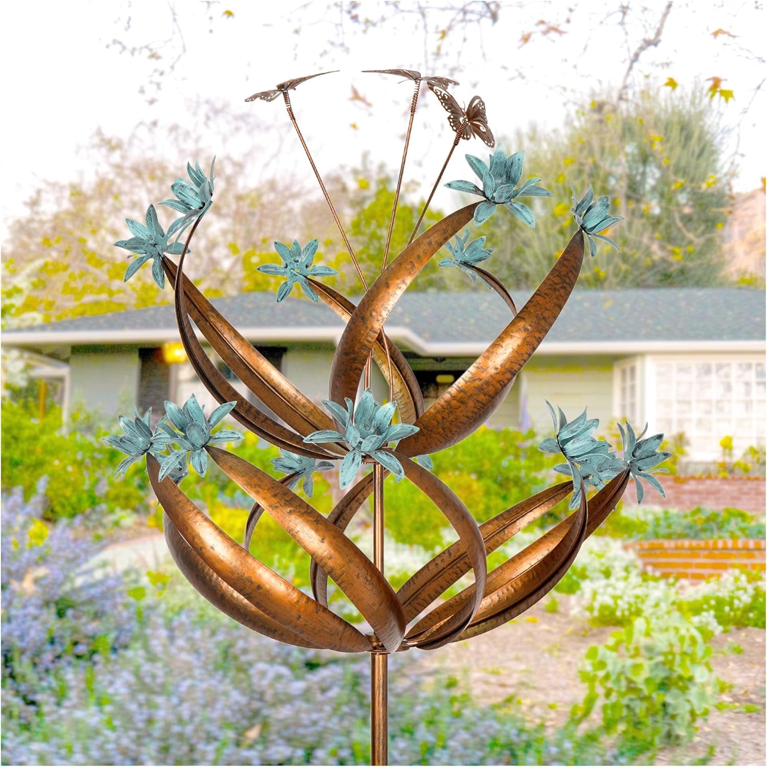 Butterfly Flower Garden Wind Spinner - Large Kinetic Outdoor Metal Wind Sculptures & Spinners Decor for Yard and Garden, Whirligigs Large Wind Spinners for Patio, Lawn, outside (26" W X 90" H)