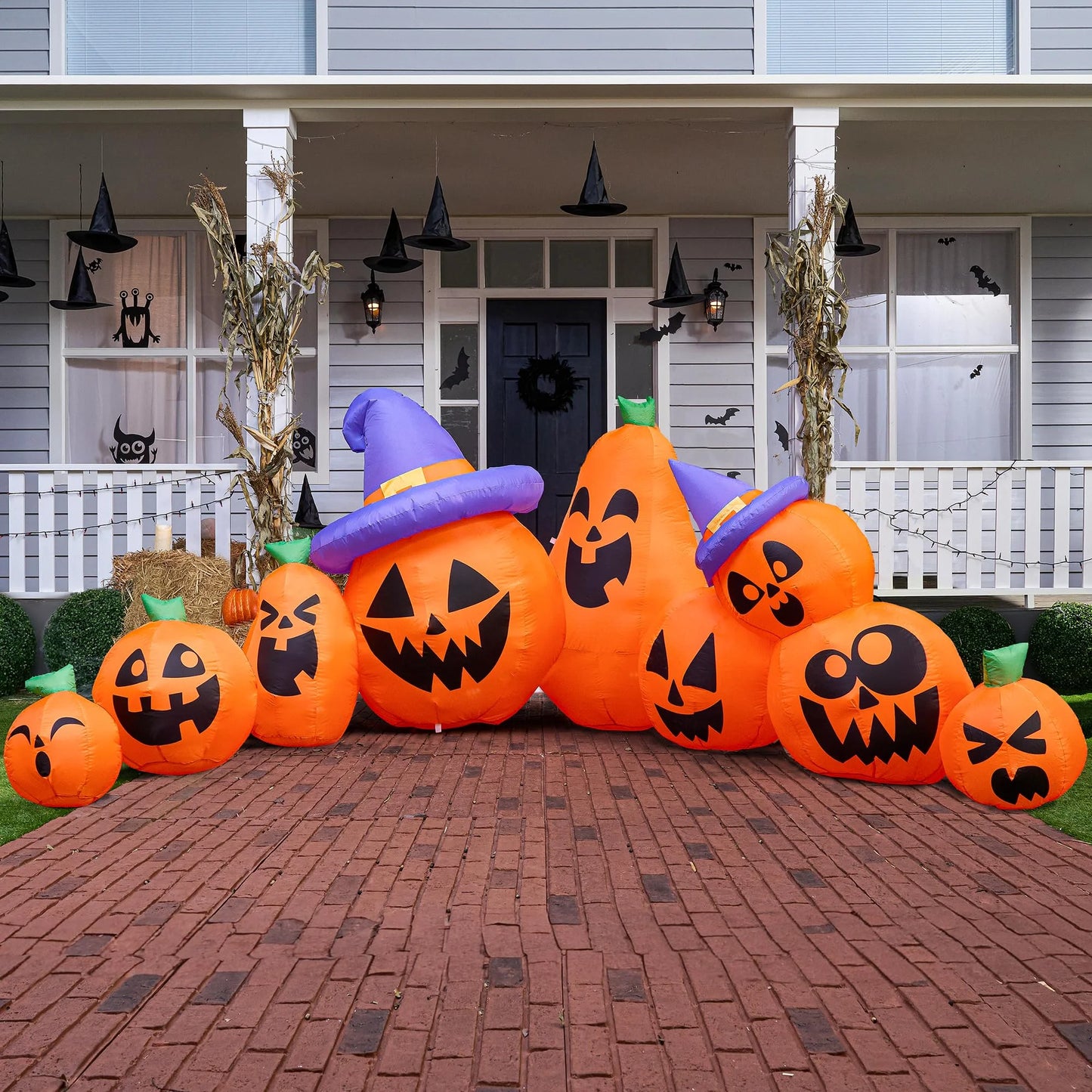 12.5 FT Halloween Inflatable Long Pumpkin with Witch Hat Decorations Inflatables with Build-In Leds,Halloween Decor Outdoor Blow up Yard Decorations