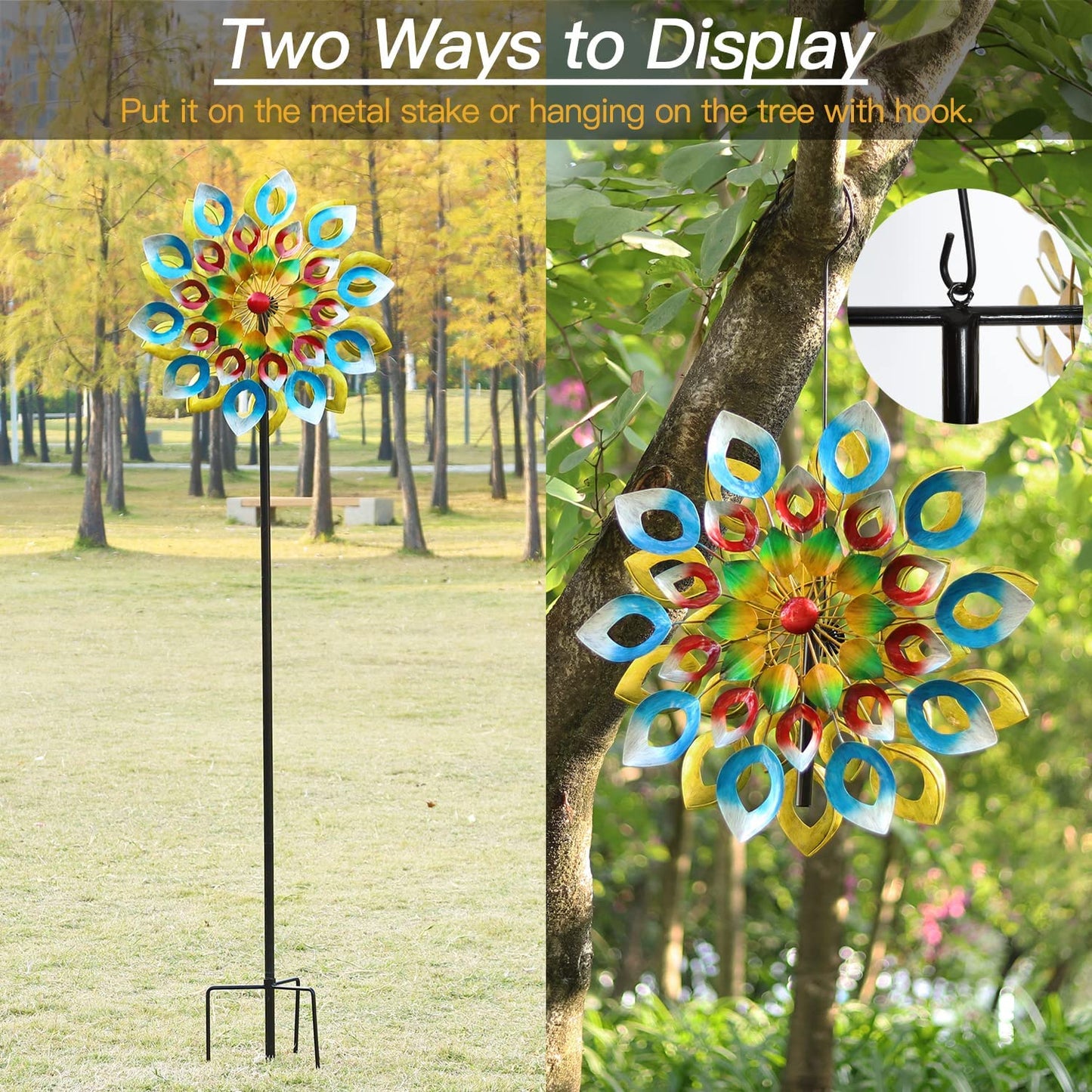 Yard Garden Wind Spinners with Stake - Large Outdoor Metal Wind Spinners, Lawn Yard Art Garden Decor (24" W X 84" H)