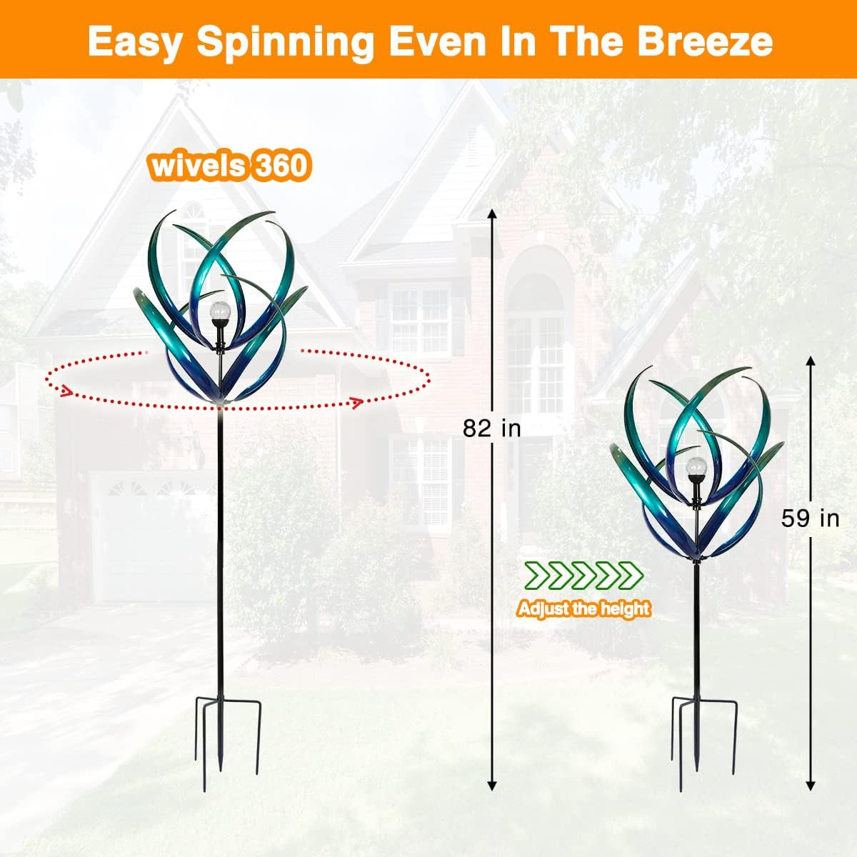 82 Inch Wind Spinners Outdoor - Extra Large Outdoor Metal Wind Sculptures Spinners with Solar Light, Windmills for the Yard Garden, Yard Art Garden Lawn Decor - Peacock Blue