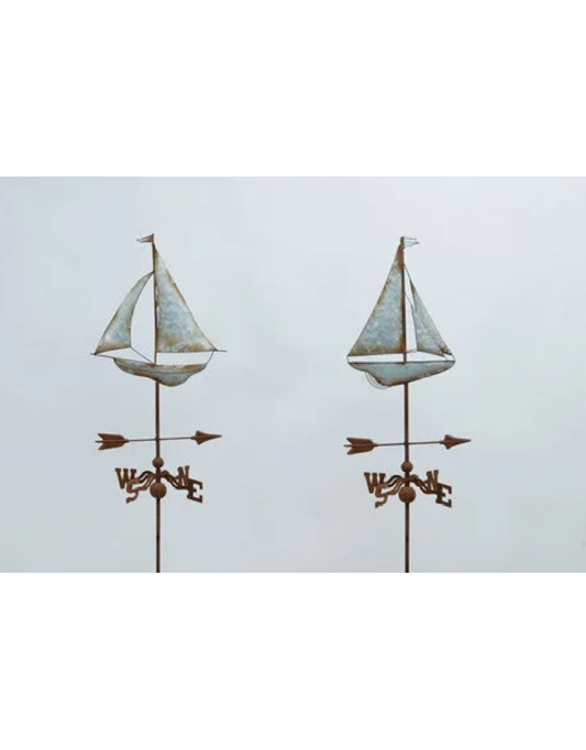 Garden Stake - Sailboat Patina with Compass Weathervane