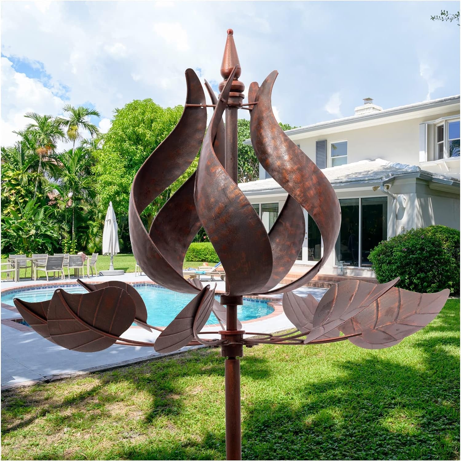 Yard Garden Wind Spinners - Large Tulip Outdoor Metal Wind Spinners with Stake, Yard Art Lawn Garden Decor (24" W X 73" H)