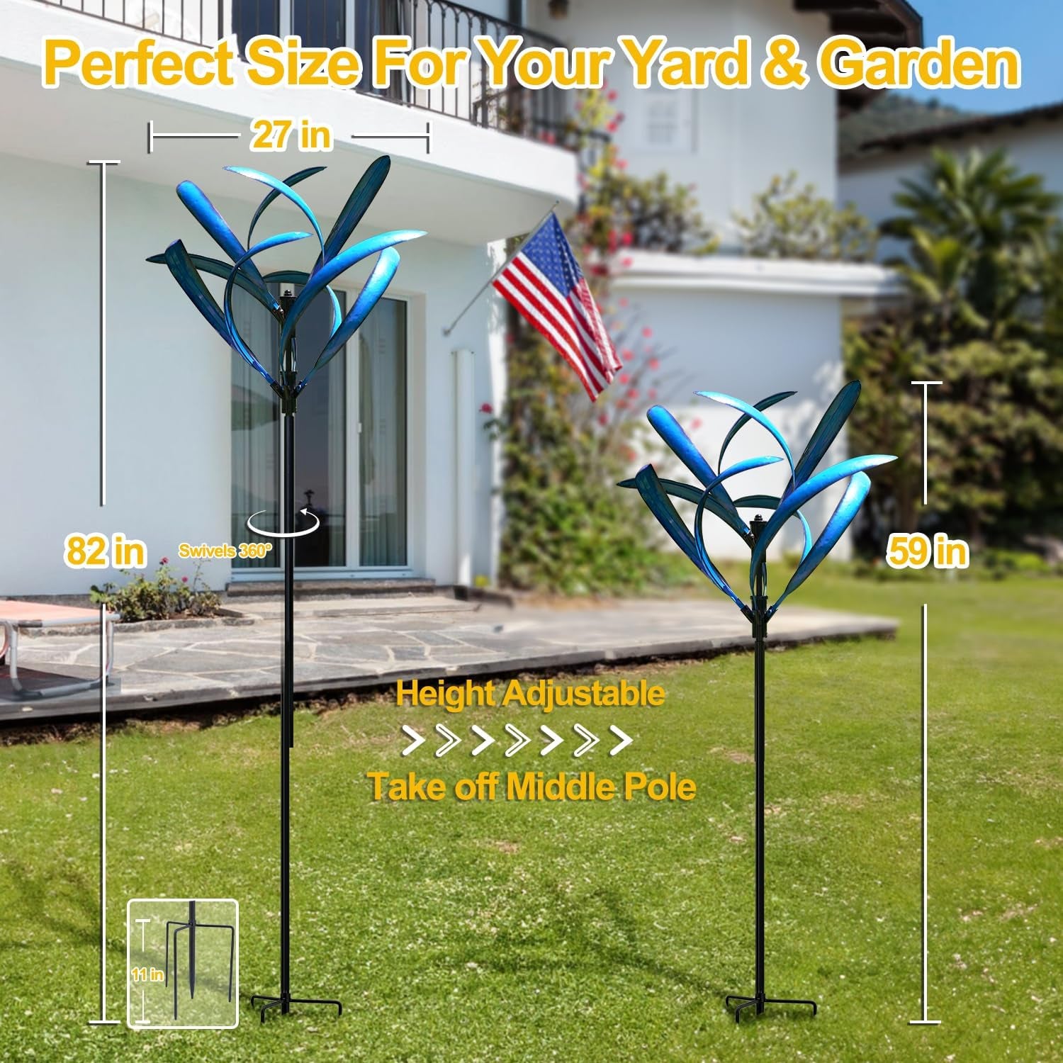 Wind Spinner for Yard and Garden - Large Metal Kinetic Wind Sculptures for Outdoor Decorations (Blue Lotus 2)