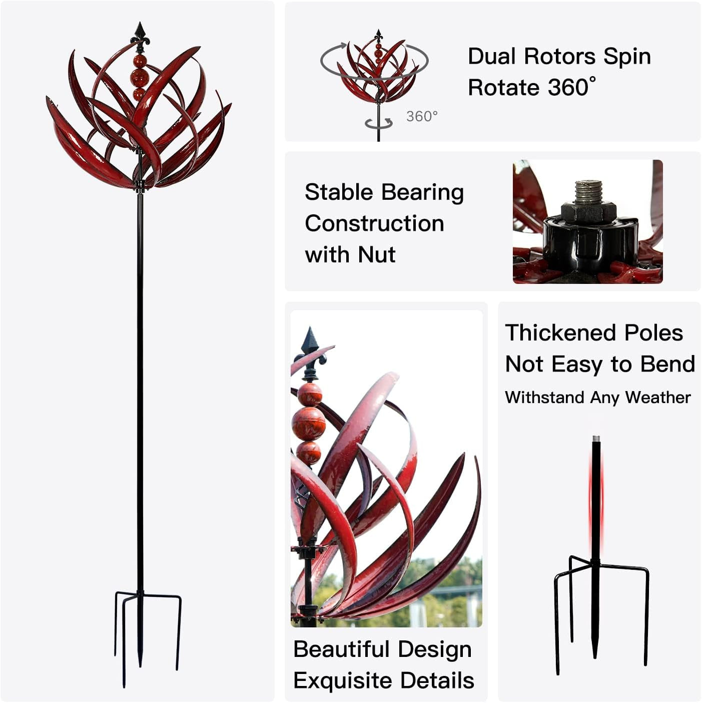 Yard Garden Wind Spinners - Large Outdoor Metal Wind Spinners Sculptures, Lawn Yard Art Garden Decor (Burgundy Lotus)