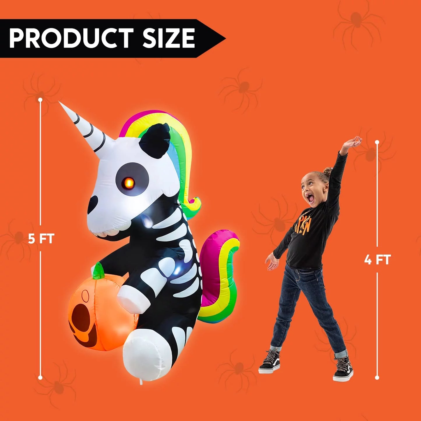 5 FT Tall Halloween Inflatable Sitting Skeleton Unicorn Inflatable Yard Decoration with Build-In Leds Blow up Inflatables for Halloween Party Indoor, Outdoor, Yard, Garden, Lawn Decorations