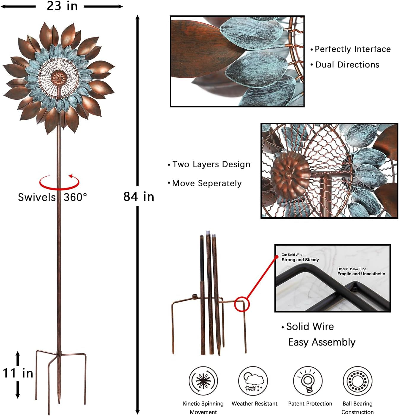 Wind Spinners for Yard Garden - Extra Large Wind Spinners Outdoor Metal, Garden Windmills Decor for outside (84" Height)