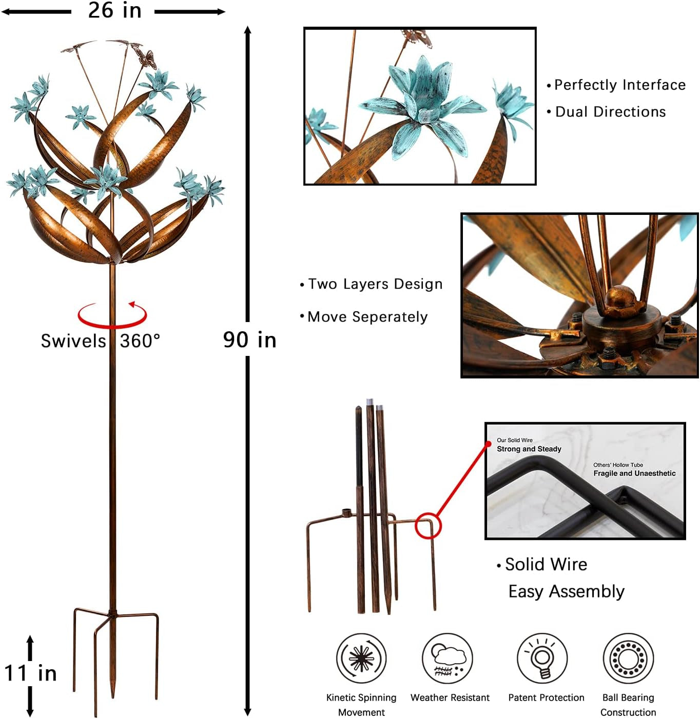 Butterfly Flower Garden Wind Spinner - Large Kinetic Outdoor Metal Wind Sculptures & Spinners Decor for Yard and Garden, Whirligigs Large Wind Spinners for Patio, Lawn, outside (26" W X 90" H)