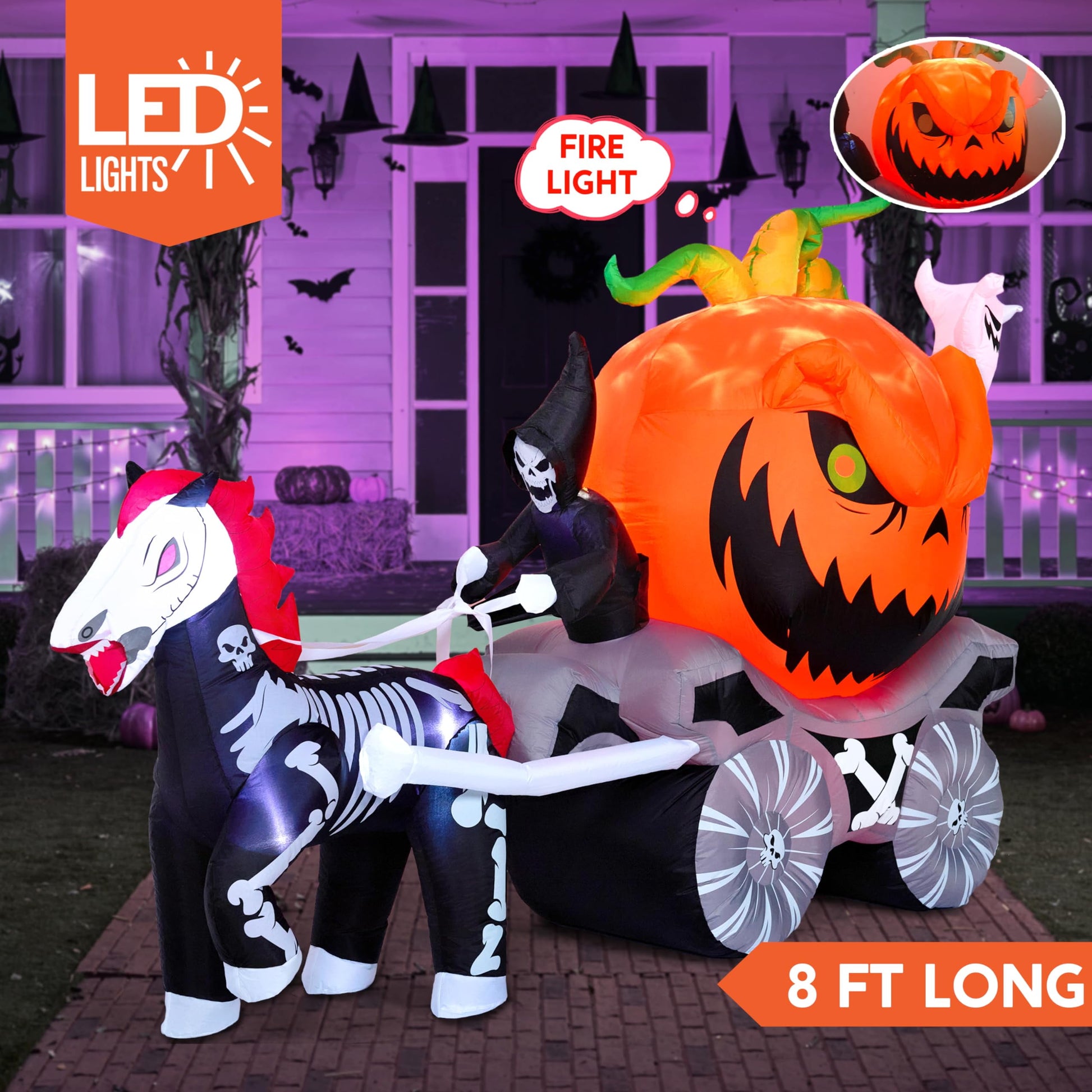 8 FT Halloween Inflatable Long Inflatable Grim Reaper Driving Pumpkin Carriage with Build-In Flaming LED Lights,Blow up Outdoor Yard Decoration