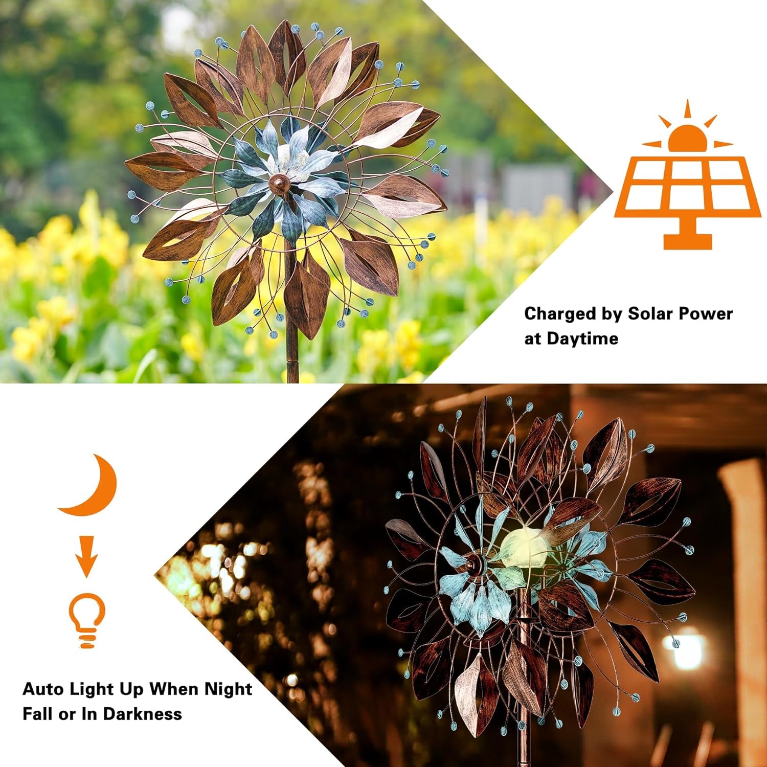 Wind Spinners with Solar Light - Large Wind Spinners Outdoor Metal for Yard and Garden, Wind Sculptures & Spinners for Lawn Patio (22" Dia X 87" Height)