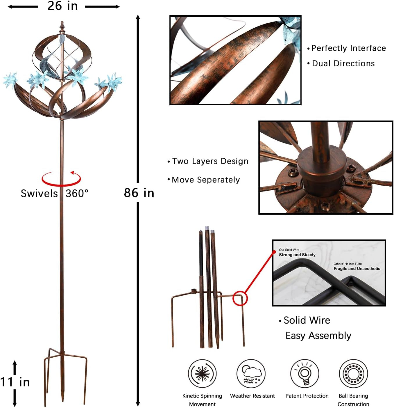 Outdoor Metal Wind Spinner for Yard Garden - Large Kinetic Wind Sculptures Spinners Outdoor Decoration, Gift for Birthday, Anniversary, Housewarming, Christmas (W26 X H86)