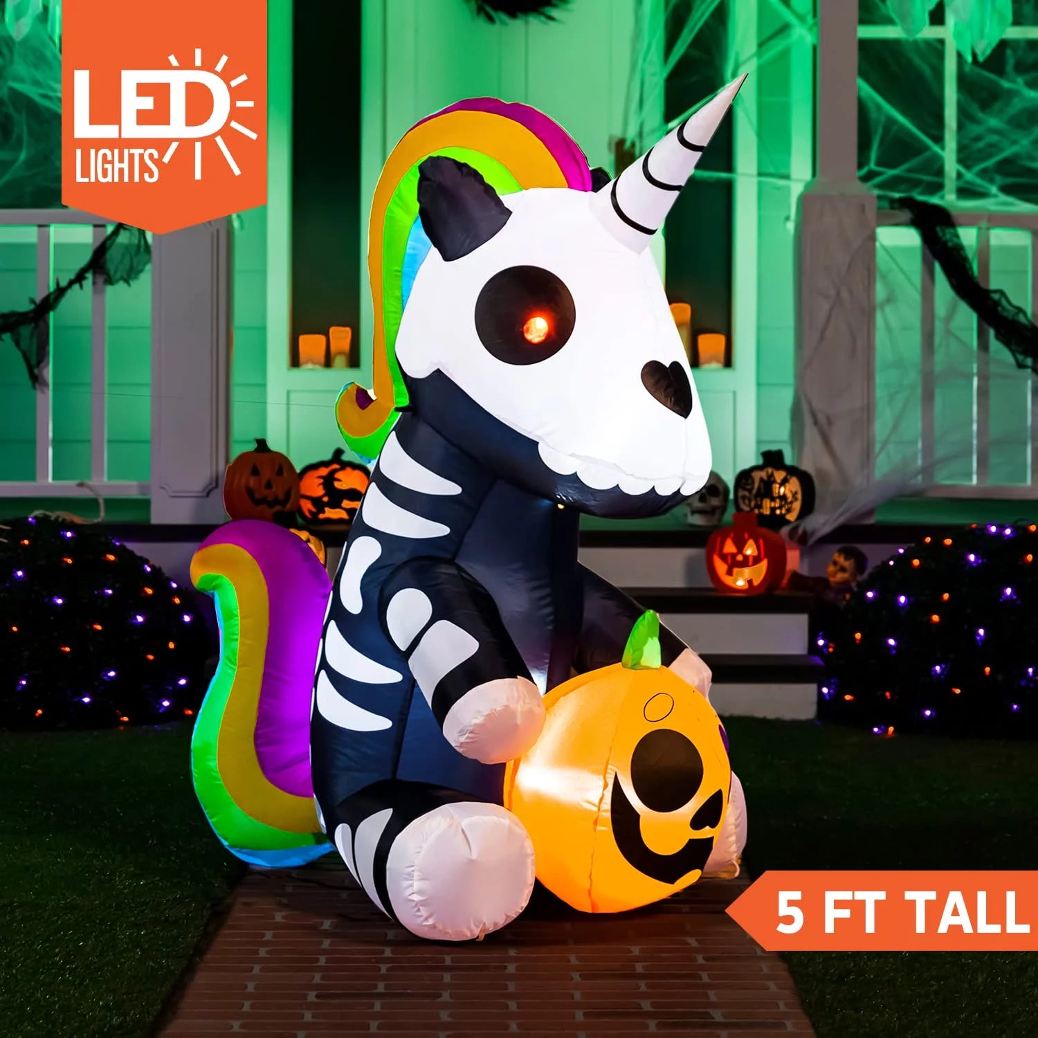 5 FT Tall Halloween Inflatable Sitting Skeleton Unicorn Inflatable Yard Decoration with Build-In Leds Blow up Inflatables for Halloween Party Indoor, Outdoor, Yard, Garden, Lawn Decorations