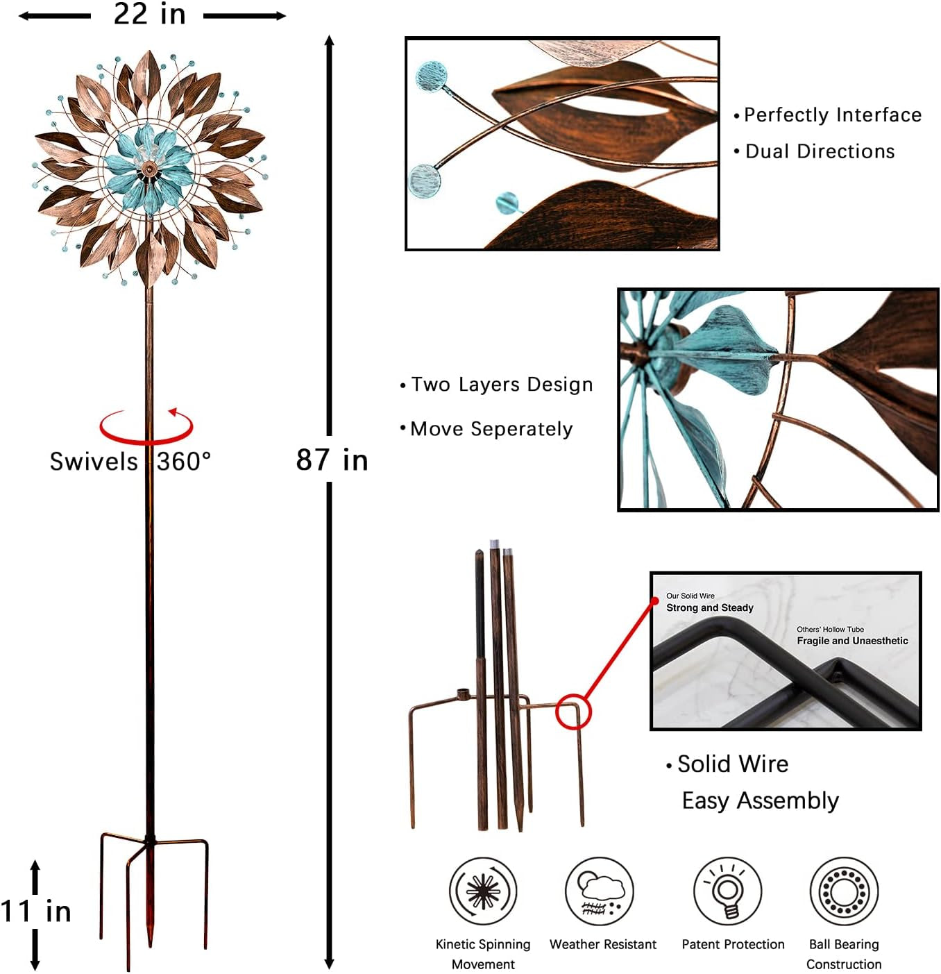 Wind Spinners with Solar Light - Large Wind Spinners Outdoor Metal for Yard and Garden, Wind Sculptures & Spinners for Lawn Patio (22" Dia X 87" Height)