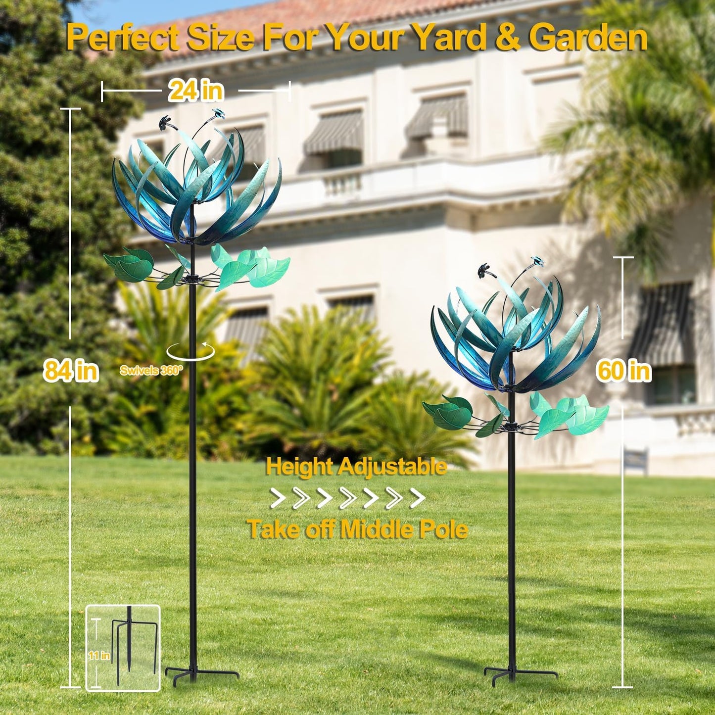 Wind Spinner for Yard and Garden - Large Metal Windspinners for Outdoor Decorations (Blue Lotus (24 X 84 Inches))