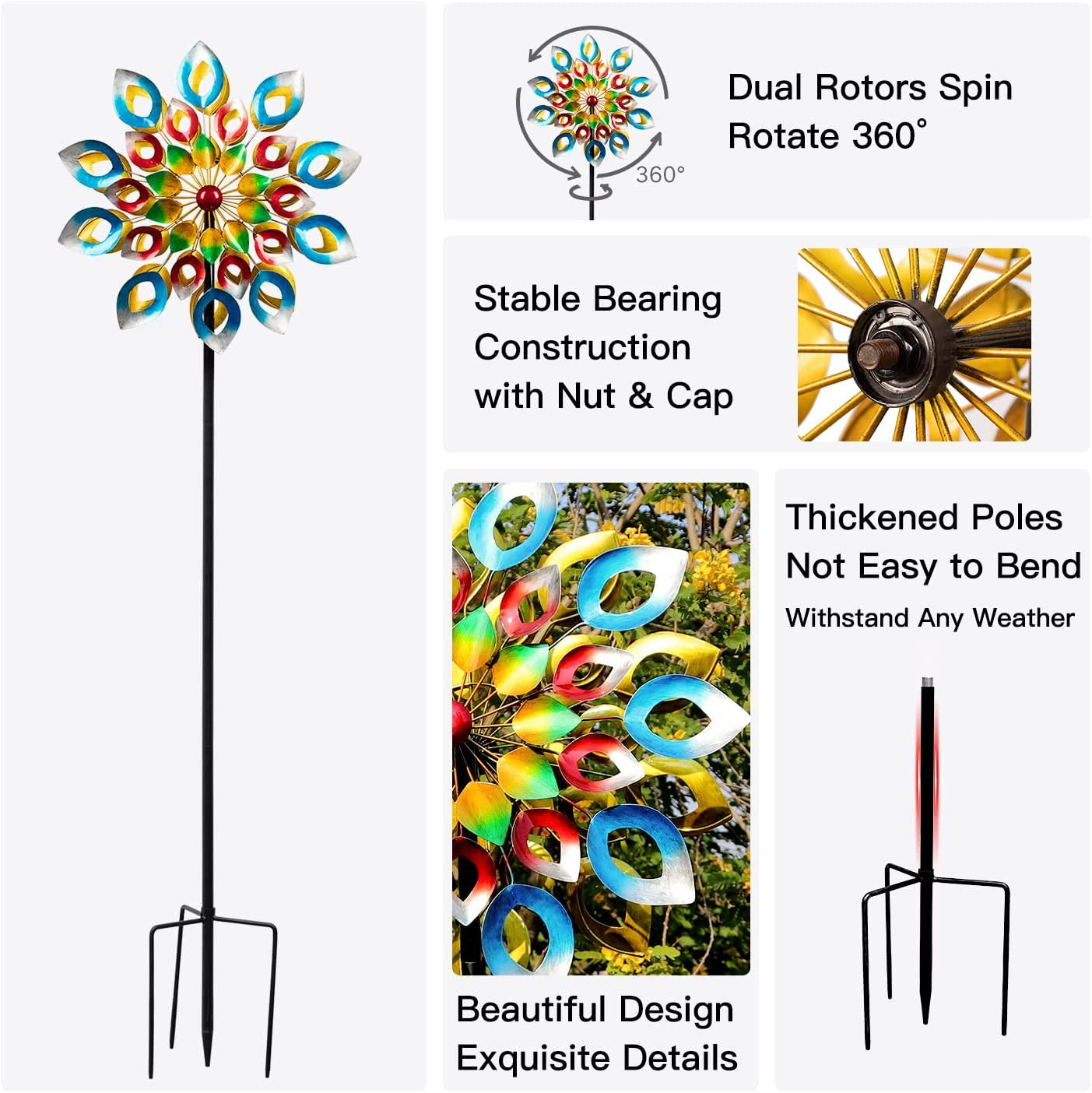 Yard Garden Wind Spinners with Stake - Large Outdoor Metal Wind Spinners, Lawn Yard Art Garden Decor (24" W X 84" H)