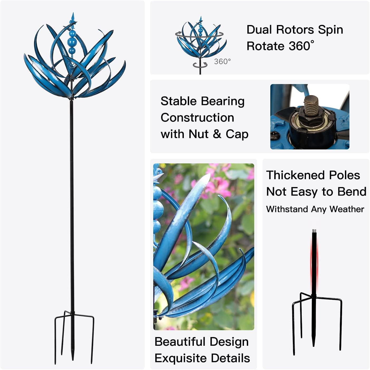 91 Inch Wind Spinners Outdoor - Extra Large Outdoor Metal Wind Sculptures Spinners with Stake, Windmills for the Yard Garden, Yard Art Garden Lawn Decor - Blue (27" W X 91" H)