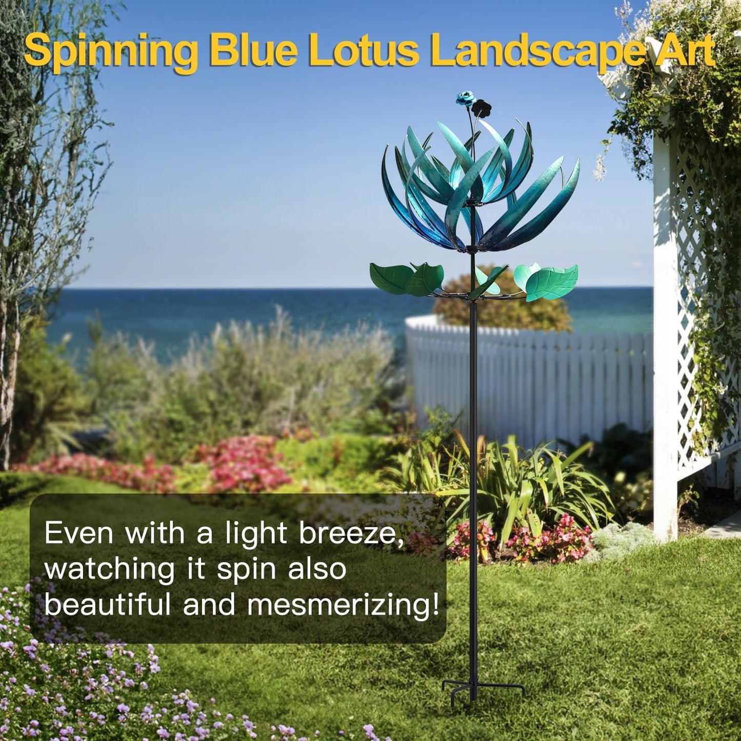 Wind Spinner for Yard and Garden - Large Metal Windspinners for Outdoor Decorations (Blue Lotus (24 X 84 Inches))