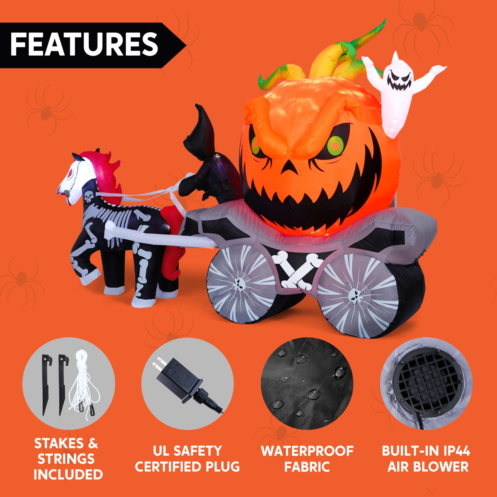 8 FT Halloween Inflatable Long Inflatable Grim Reaper Driving Pumpkin Carriage with Build-In Flaming LED Lights,Blow up Outdoor Yard Decoration