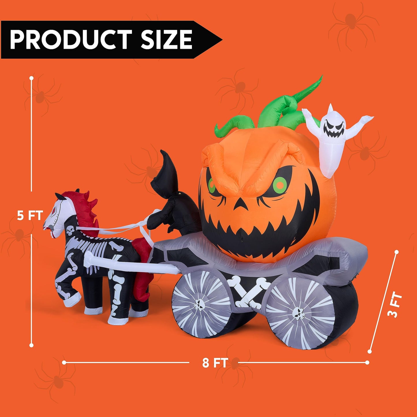 8 FT Halloween Inflatable Long Inflatable Grim Reaper Driving Pumpkin Carriage with Build-In Flaming LED Lights,Blow up Outdoor Yard Decoration