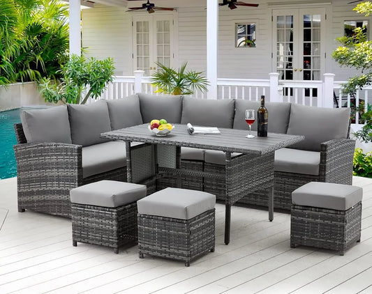 Patio Furniture Set 7 Pieces Outdoor Patio Furniture with Dining Table&Chair All Weather Wicker Conversation Set Withottoman